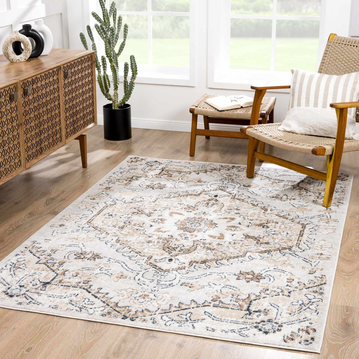 Mudgee Area Rug beige field with navy border Boutique Rugs on Tampa Home & Garden Store