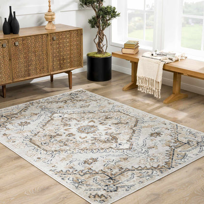 Mudgee Area Rug from Boutique Rugs; cream and beige with a blue and brown ornate pattern on Tampa Home & Garden Store