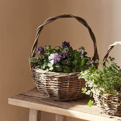 Countryside Flower Basket pair in natural wicker with RusticReach and purple white blooms on Tampa Home & Garden Store