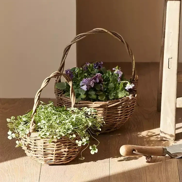 Countryside Flower Basket twin rustic wicker planters with green vines and purple blooms on Tampa Home & Garden Store