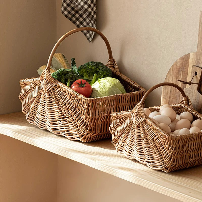 Fan Woven Market Baskets 2-pack with natural wicker handles, filled with vegetables and eggs on Tampa Home & Garden Store