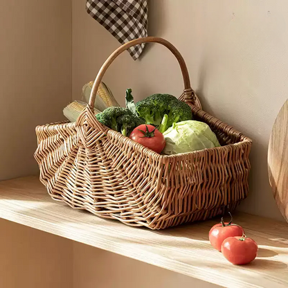 Fan Woven Market Basket by RusticReach, natural wicker handles, filled with vegetables on Tampa Home & Garden Store