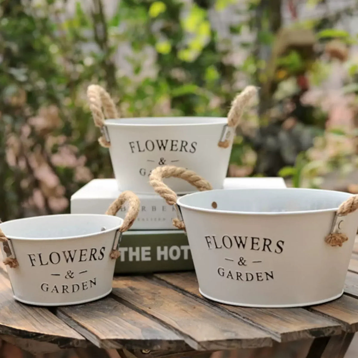 Farmhouse metal flower planters set of three, white with rope handles oval & round on Tampa Home & Garden Store