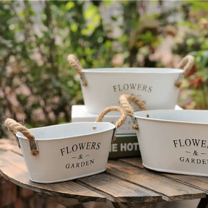 White metal farmhouse flower planters, oval and round with rope handles, set of 3 on Tampa Home & Garden Store
