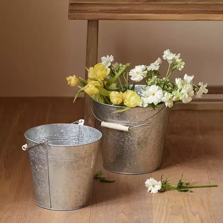 Galvanized bucket planter set, 2 metal buckets with yellow and white flowers RusticReach on Tampa Home & Garden Store
