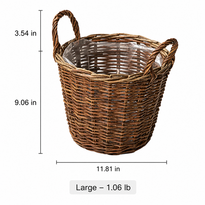 Gathering basket natural brown wicker with plastic liner and double handles; RusticReach large on Tampa Home & Garden Store
