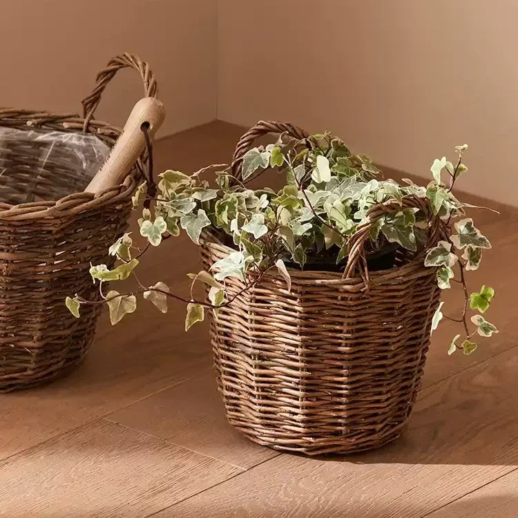 Gathering basket planter, brown wicker with ivy, RusticReach set of 2 on Tampa Home & Garden Store