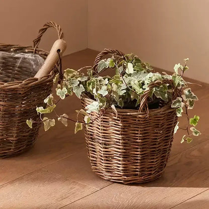 Gathering basket planter, brown wicker with ivy, RusticReach set of 2 on Tampa Home & Garden Store