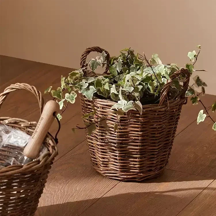 Gathering Basket planter in brown woven wicker with trailing ivy, RusticReach planters on Tampa Home & Garden Store
