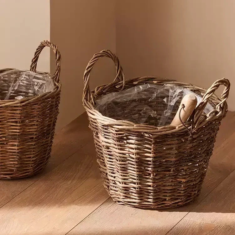 Gathering Basket set of 2, natural woven wicker with plastic liners, RusticReach planters on Tampa Home & Garden Store
