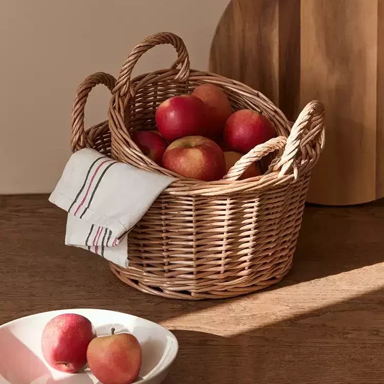 Harvest Loop Wicker Basket RusticReach, natural wicker with loop handles, red apples inside on Tampa Home & Garden Store