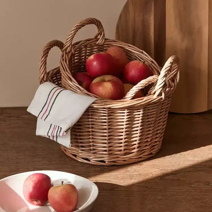 Harvest Loop Wicker Basket RusticReach, natural wicker with loop handles, red apples inside on Tampa Home & Garden Store