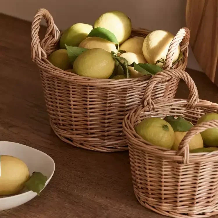 Harvest Loop Wicker Basket, natural wicker storage with handles by RusticReach, lemons shown on Tampa Home & Garden Store