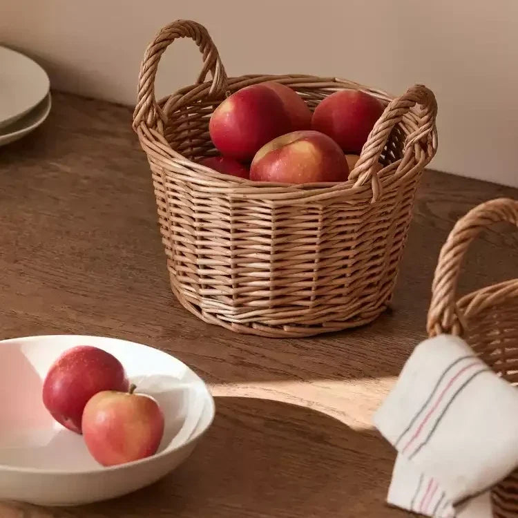 Harvest Loop Wicker Basket RusticReach natural wicker with apples inside on wood table on Tampa Home & Garden Store