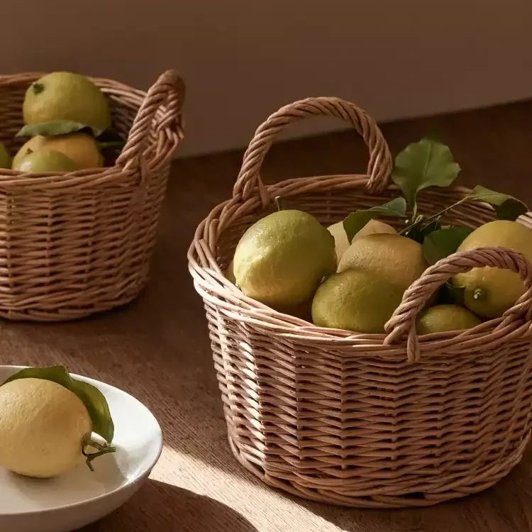 Harvest Loop Wicker Basket set, natural wicker, RusticReach, two baskets with lemons on Tampa Home & Garden Store