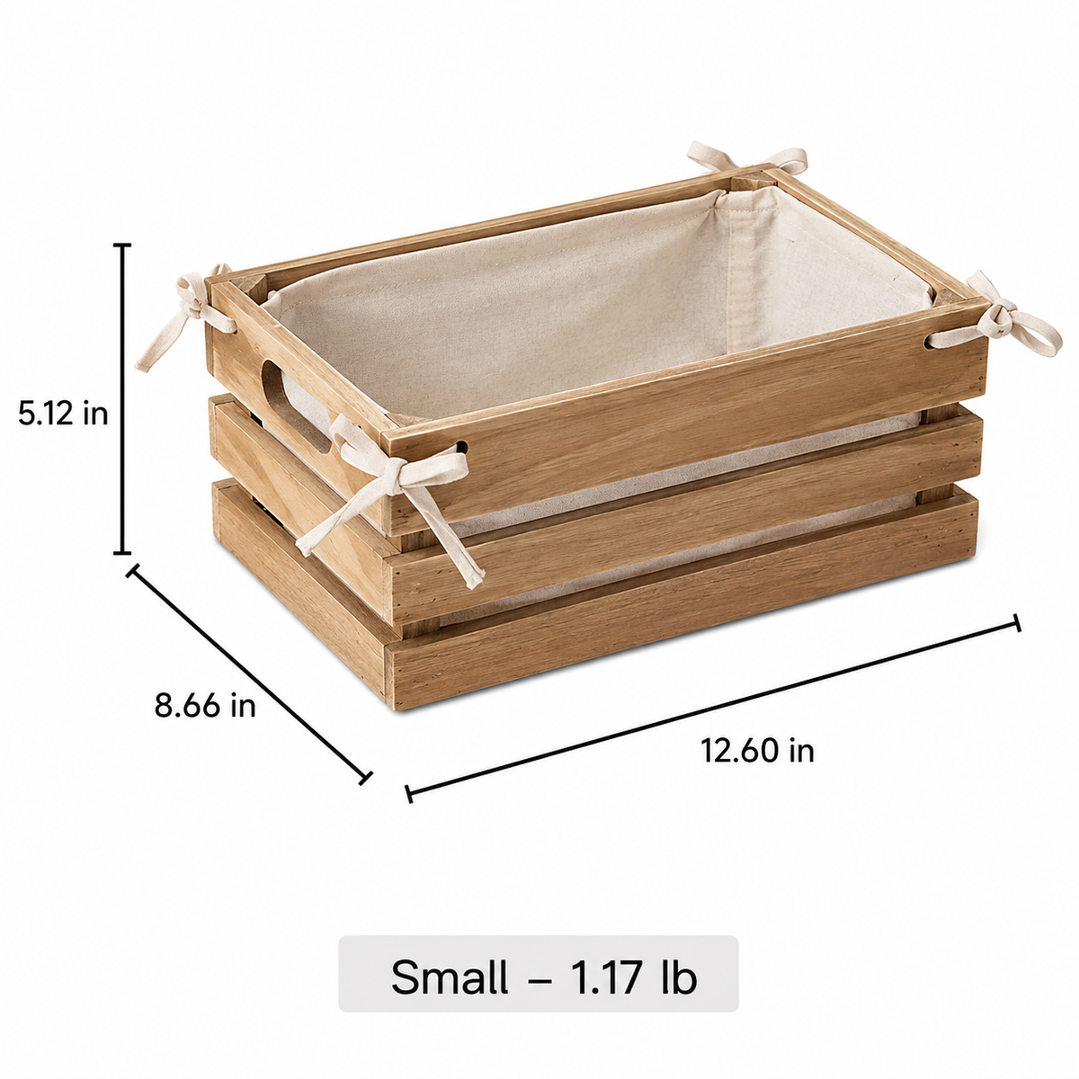 Linen-Lined wooden crate by RusticReach, natural wood with fabric lining on Tampa Home & Garden Store