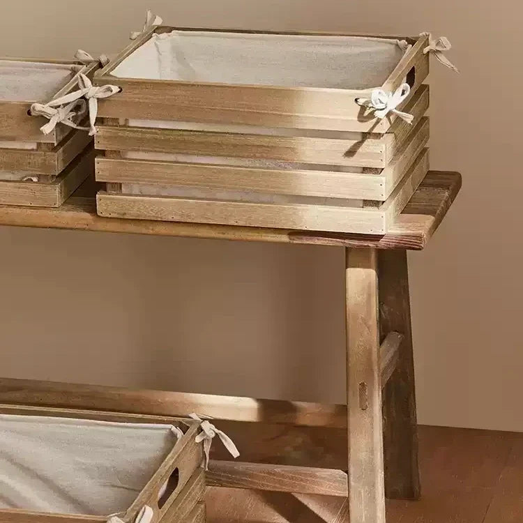 Linen-Lined Wooden Crate by RusticReach, rustic storage with linen ties, set of 2 on a wooden bench on Tampa Home & Garden Store