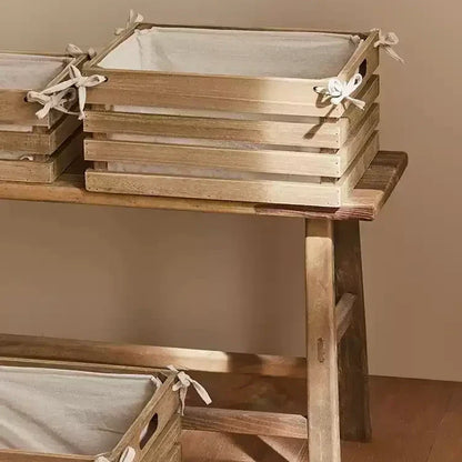 Linen-Lined Wooden Crate by RusticReach, rustic storage with linen ties, set of 2 on a wooden bench on Tampa Home & Garden Store