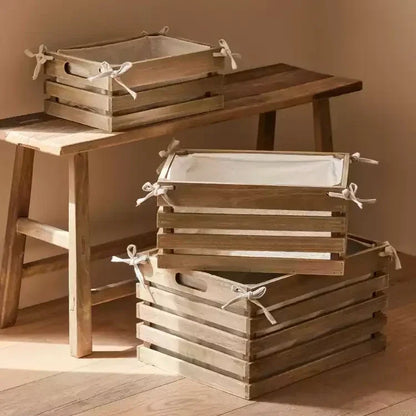 Linen-Lined Wooden Crate set by RusticReach, natural wood with white fabric lining on Tampa Home & Garden Store
