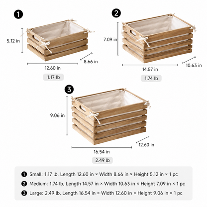 Linen-Lined Wooden Crate by RusticReach set of three: small, medium, large in natural wood on Tampa Home & Garden Store