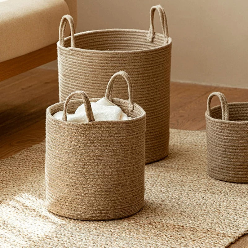 Natural Rope Laundry Basket set of three beige rope baskets with handles RusticReach on Tampa Home & Garden Store