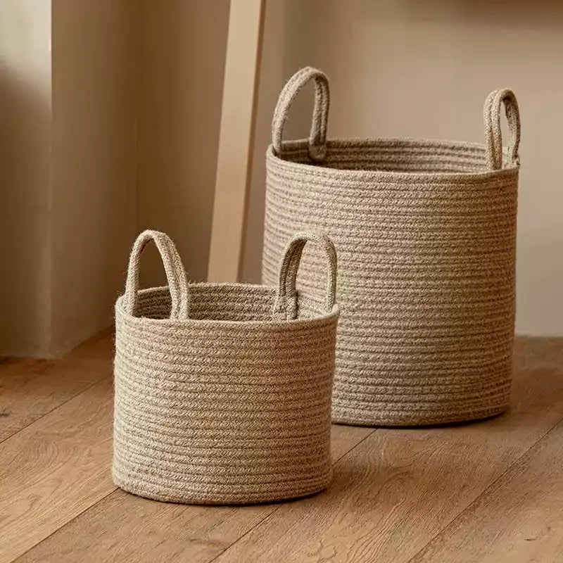 Natural rope laundry baskets set of 2 in beige, woven jute with sturdy handles on Tampa Home & Garden Store