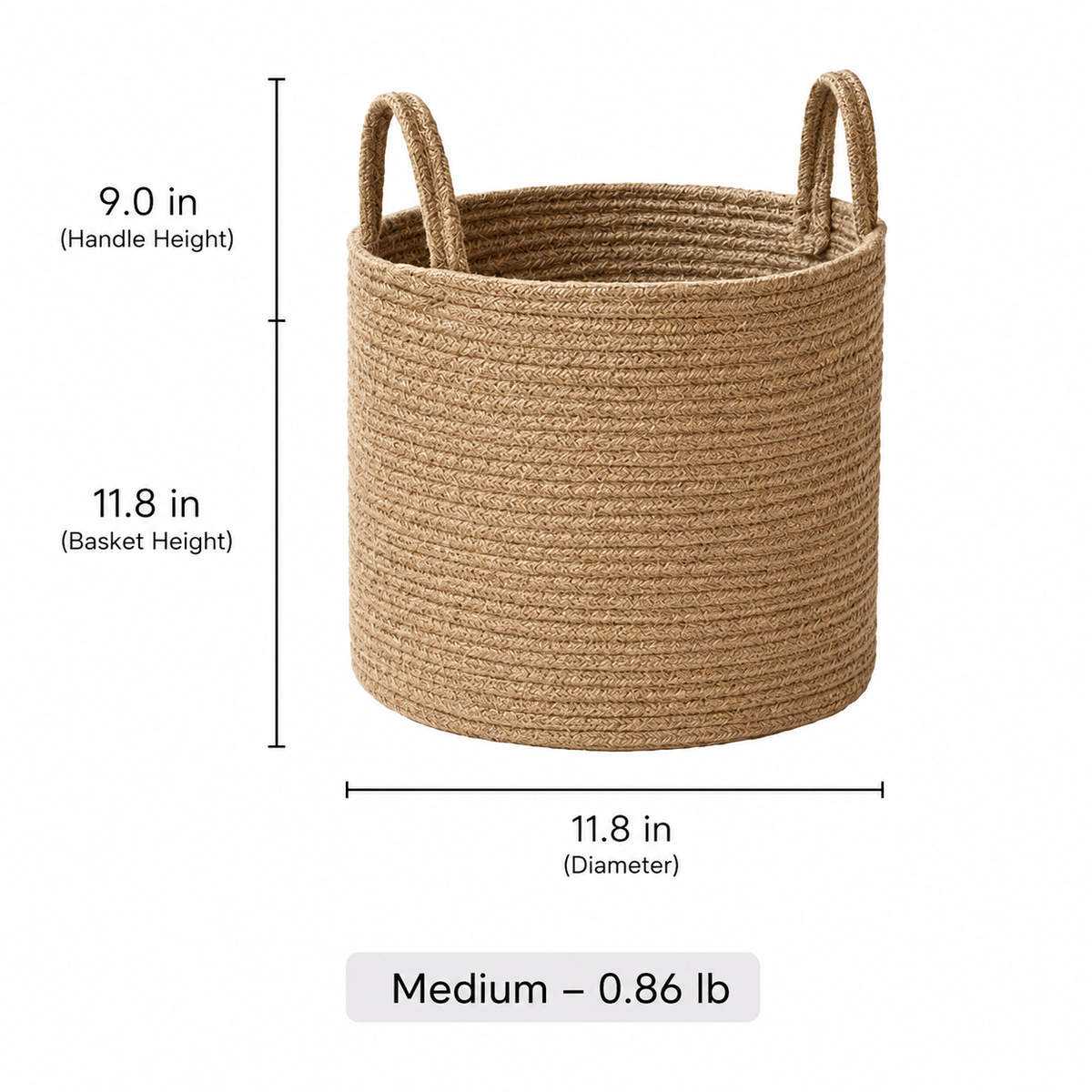 Natural rope laundry basket by RusticReach with two braided handles, 11.8in diameter on Tampa Home & Garden Store