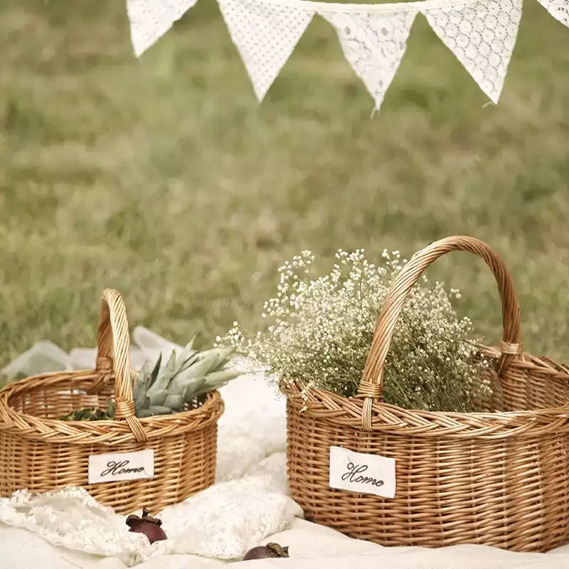 Orchard Market Basket by RusticReach natural wicker baskets with handles two shown with blooms on Tampa Home & Garden Store