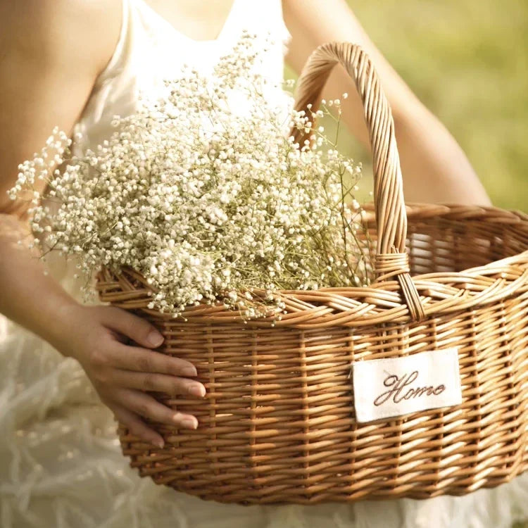Orchard Market Basket by RusticReach natural wicker storage basket with white baby's breath on Tampa Home & Garden Store