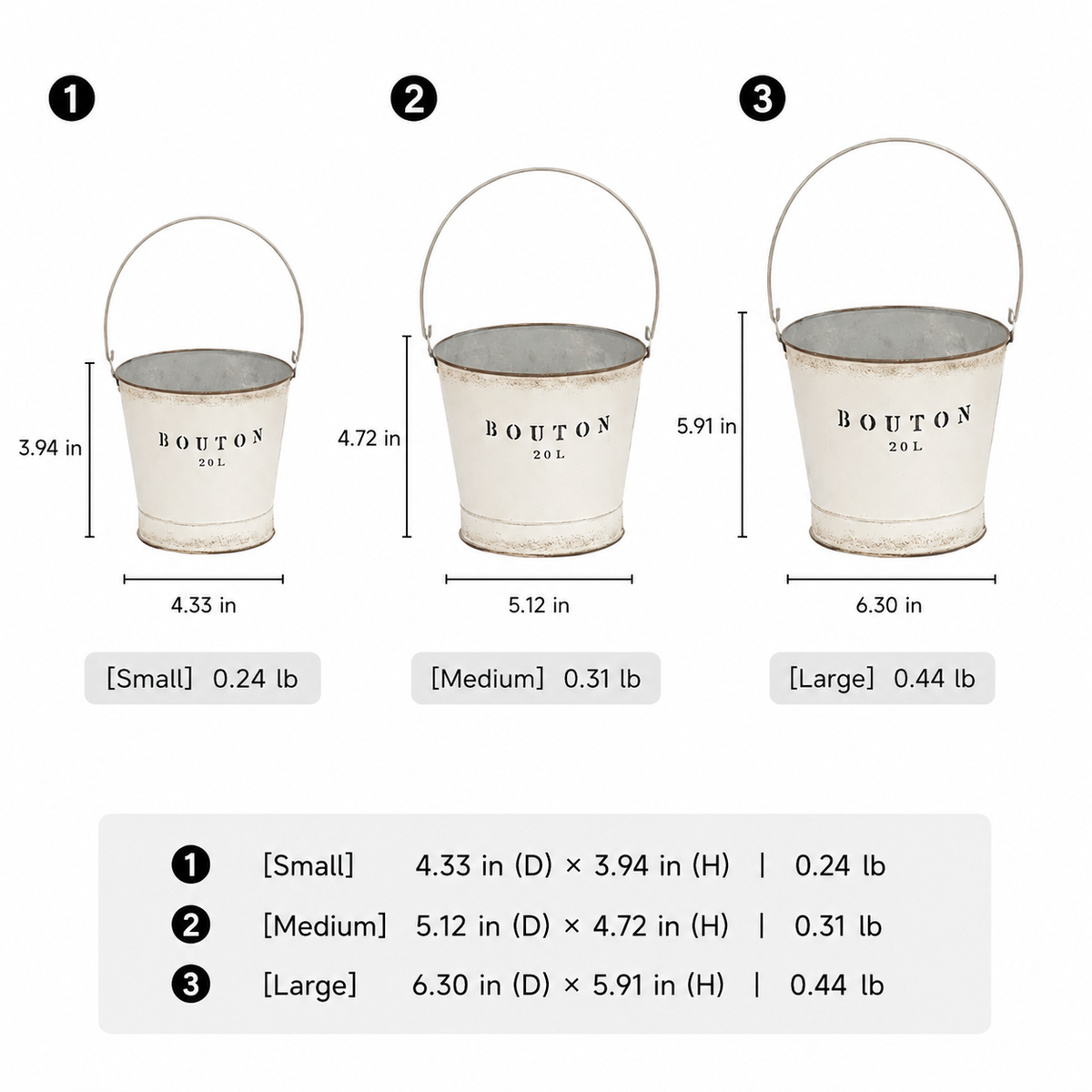 White Farmhouse Bucket Planter by RusticReach, distressed white metal with handle; S/M/L on Tampa Home & Garden Store