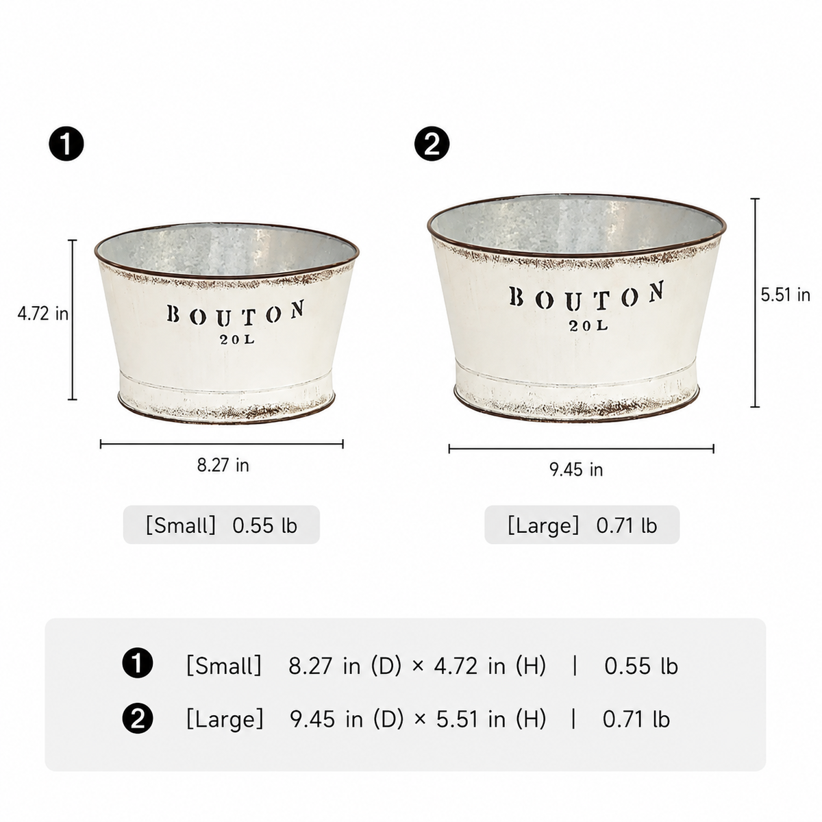 White Vintage Trough Metal Planter by RusticReach; small 8.27inD×4.72inH, large 9.45inD×5.51inH on Tampa Home & Garden Store