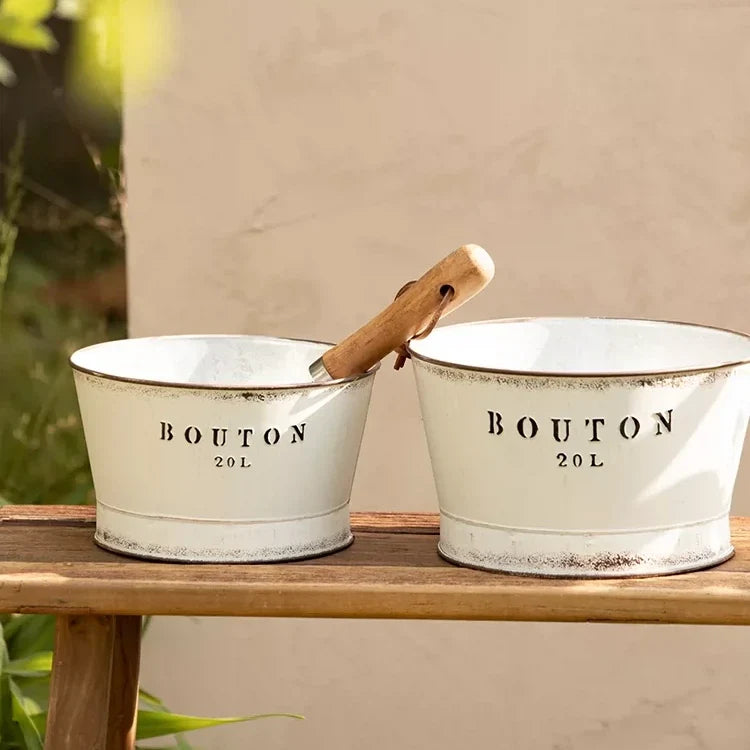 White vintage trough metal planters, pair, 20L each, RusticReach on Tampa Home & Garden Store