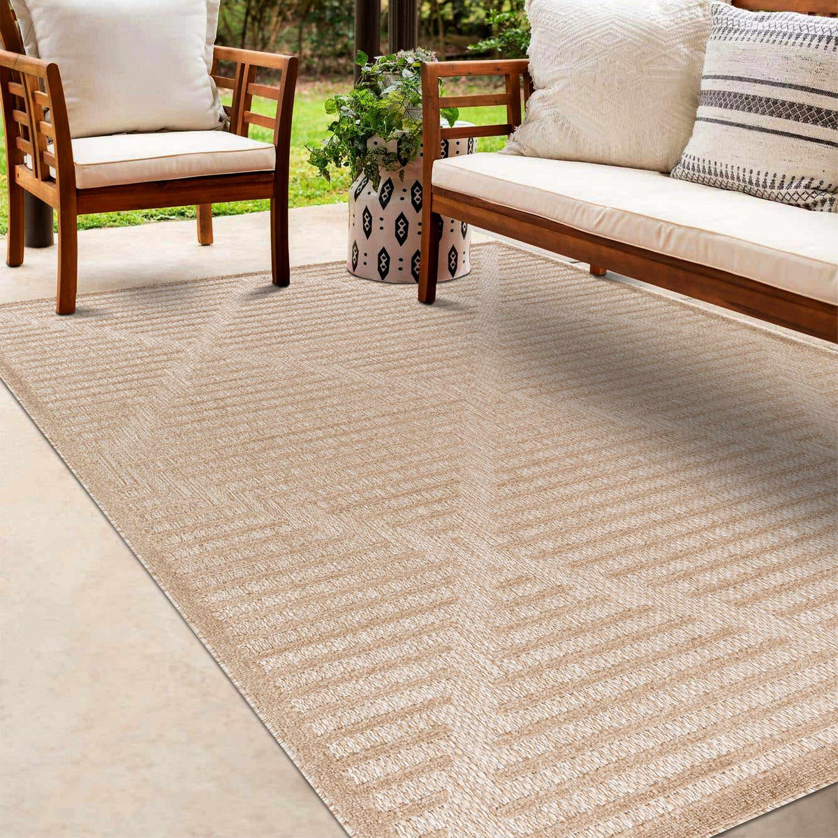 Anah Tan Outdoor Rug by Boutique Rugs, beige tan outdoor rug with textured weave for patio on Tampa Home & Garden Store
