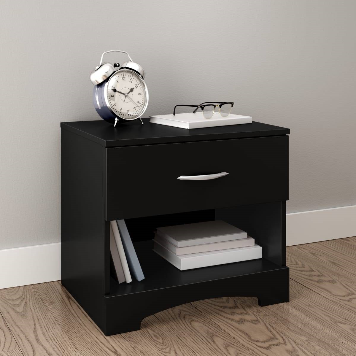 Mesa de Noche Moderna de 1 Cajón con Almacenamiento en Color Negro