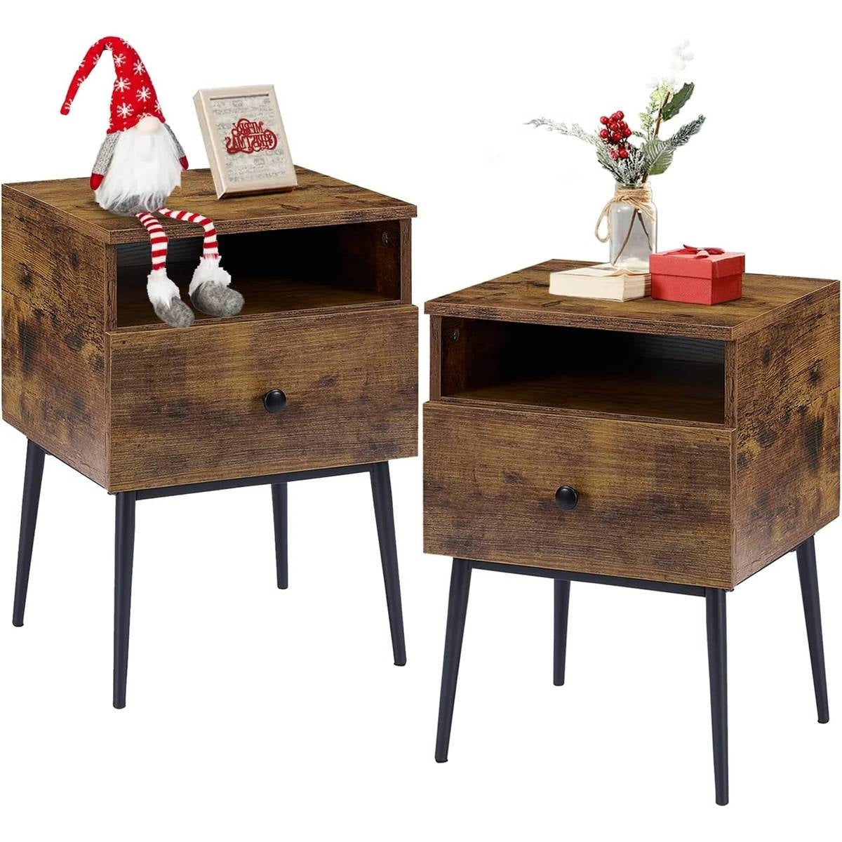 Juego de 2 - Mesa Auxiliar/Mesita de Noche Moderna de Mediados de Siglo en Acabado de Madera Marrón Oscuro