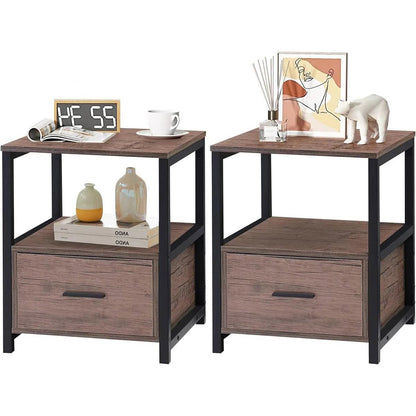 Juego de 2 - Mesa Auxiliar/Mesita de Noche Moderna de Metal y Madera con Cajón de Almacenamiento