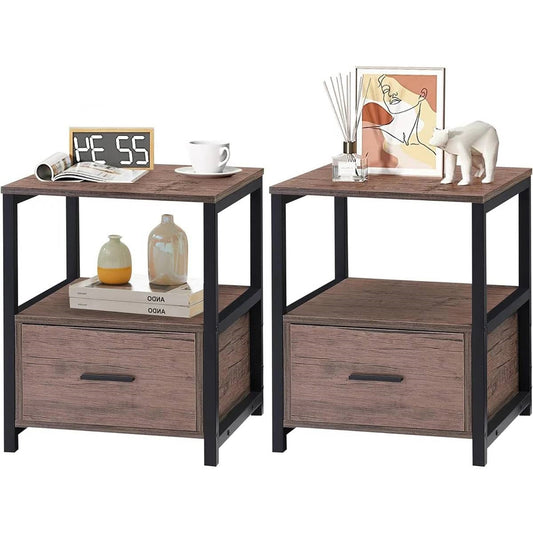 Set of 2 - Modern Metal Wood Side End Table Nightstand with Storage Drawer - Tampa Home & Garden Store
