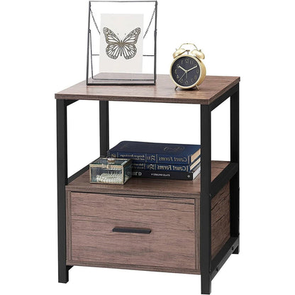 Juego de 2 - Mesa Auxiliar/Mesita de Noche Moderna de Metal y Madera con Cajón de Almacenamiento