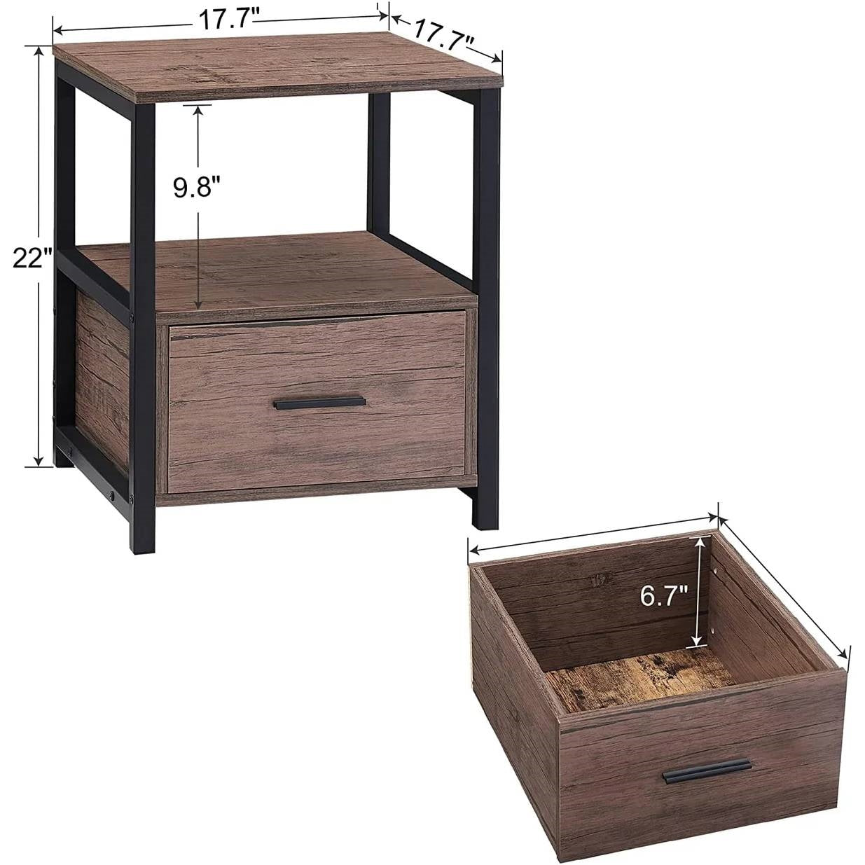 Juego de 2 - Mesa Auxiliar/Mesita de Noche Moderna de Metal y Madera con Cajón de Almacenamiento