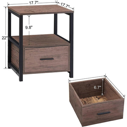 Juego de 2 - Mesa Auxiliar/Mesita de Noche Moderna de Metal y Madera con Cajón de Almacenamiento