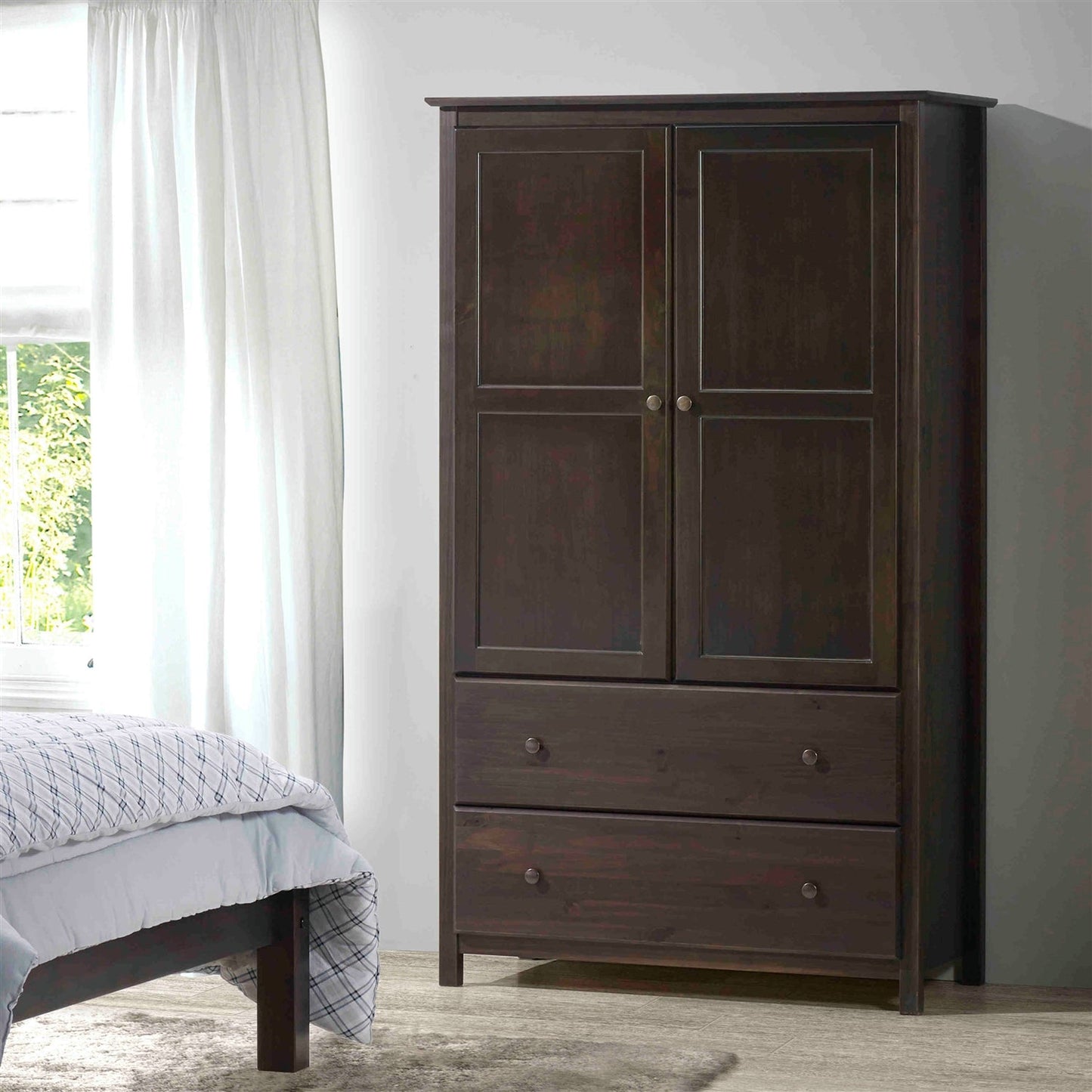 Armario ropero de madera maciza color espresso marrón con barra para colgar