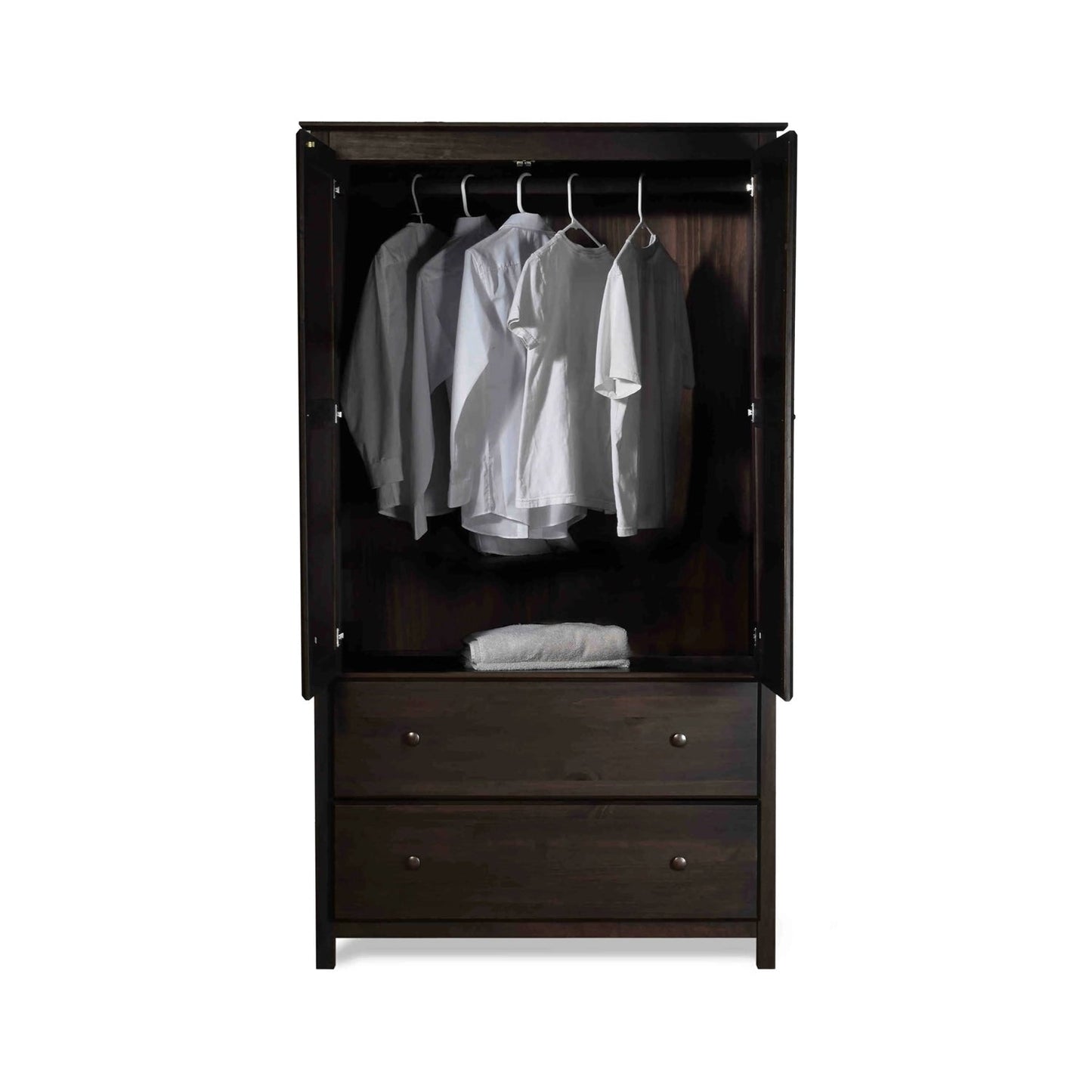 Armario ropero de madera maciza color espresso marrón con barra para colgar