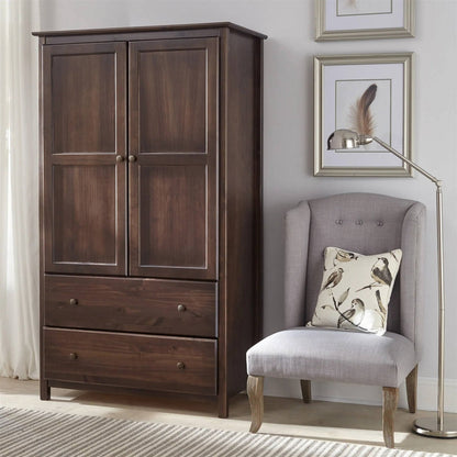 Armario ropero de madera maciza color espresso marrón con barra para colgar