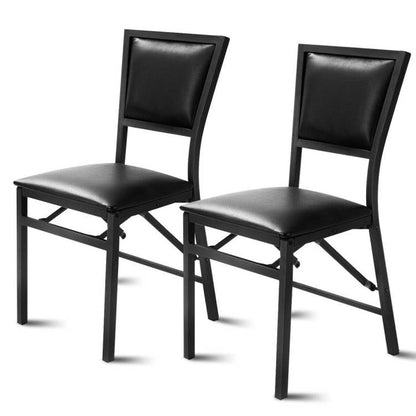 Juego de 2 - Sillas de comedor plegables modernas de metal negro con cojín de asiento de cuero sintético