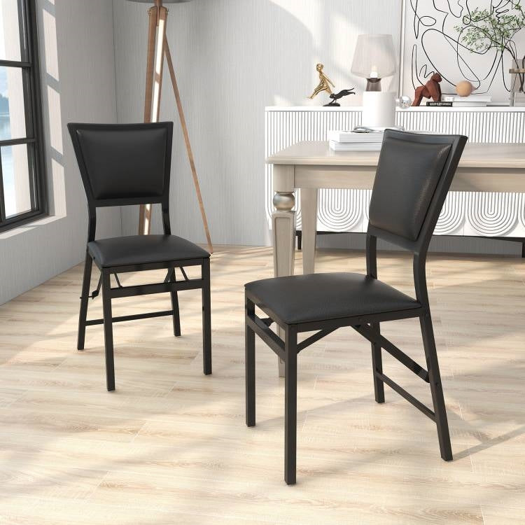 Juego de 2 - Sillas de comedor plegables modernas de metal negro con cojín de asiento de cuero sintético