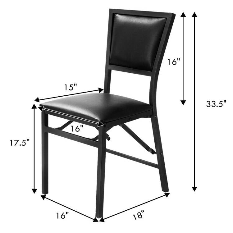 Juego de 2 - Sillas de comedor plegables modernas de metal negro con cojín de asiento de cuero sintético
