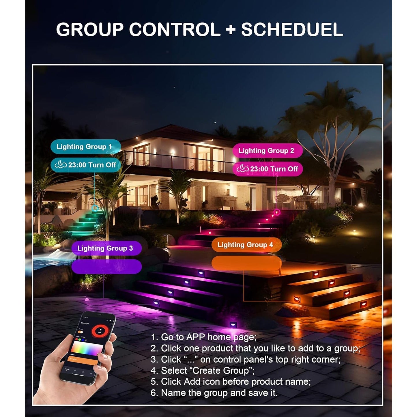 STRA07 6 Pack 3W RGBCW Color Changing 2700K-6500K Rectangular Waterproof Horizontal LED Stairs Step Light Fixture - Tampa soil911.com