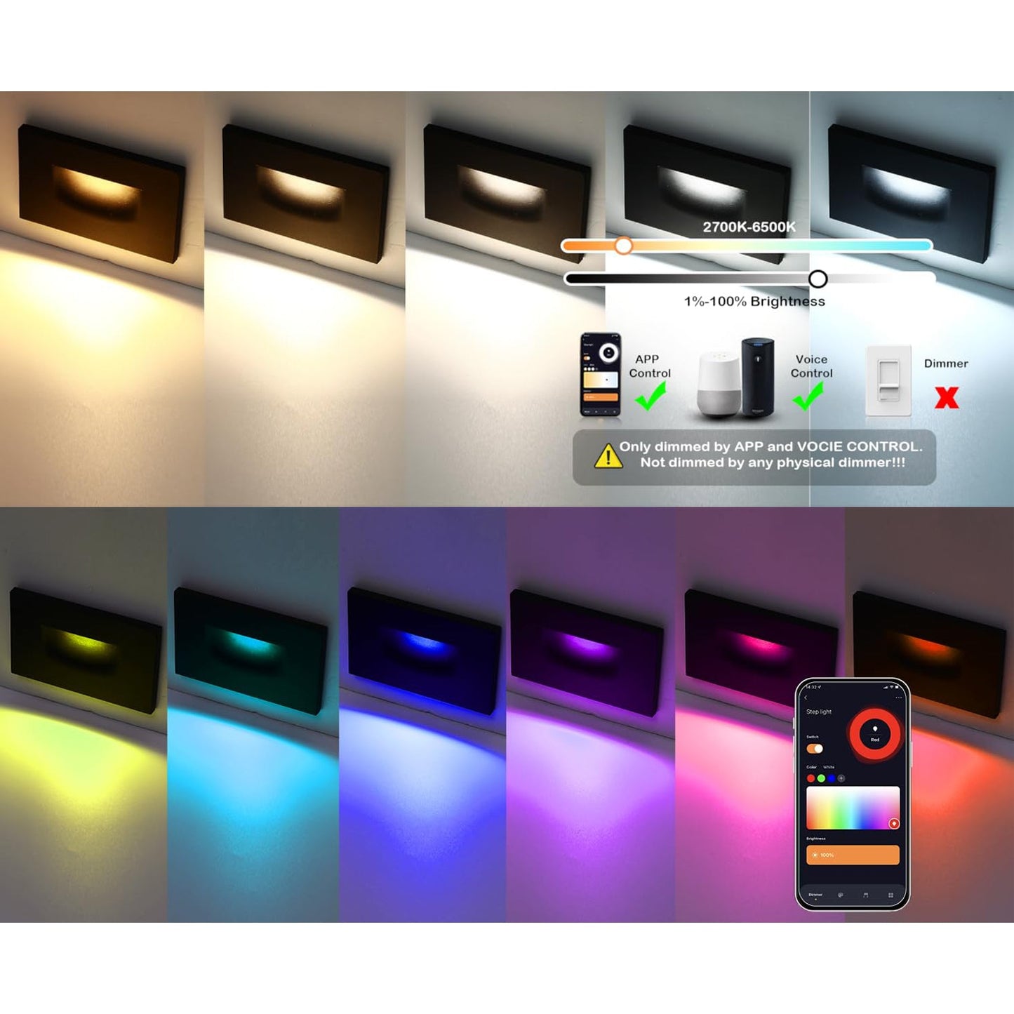 STRA07 - Juego de 6 luces LED rectangulares para escaleras, horizontales, impermeables, con cambio de color RGBCW de 3 W, 2700 K-6500 K