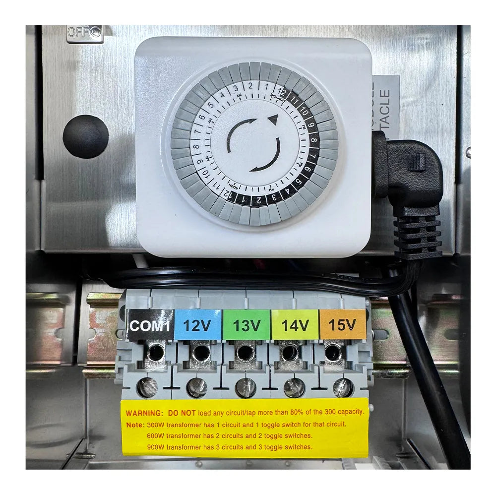 Transformador de bajo voltaje multitoma TSRPT300 de 300 W con fotocélula y temporizador manual con dial, resistente al agua IP65