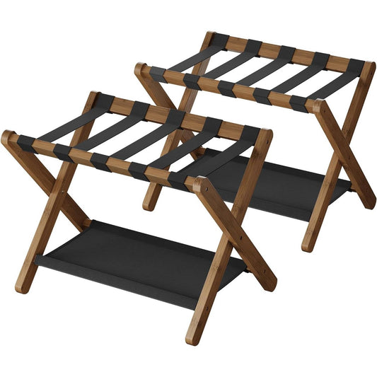 Set of 2 walnut wood luggage racks with black fabric straps and lower shelf by HomePacific on Tampa Home & Garden Store